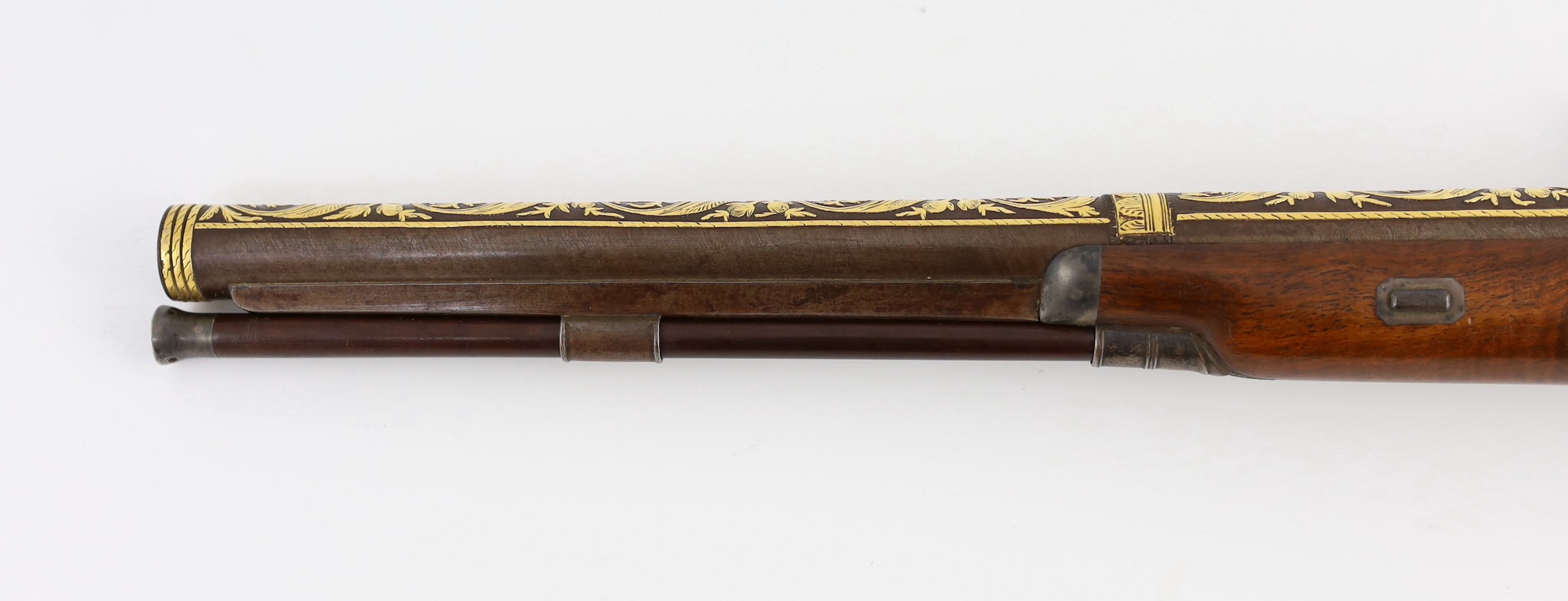 An early 19th century gold overlaid flintlock pistol, by Beckwith, London, 47cm